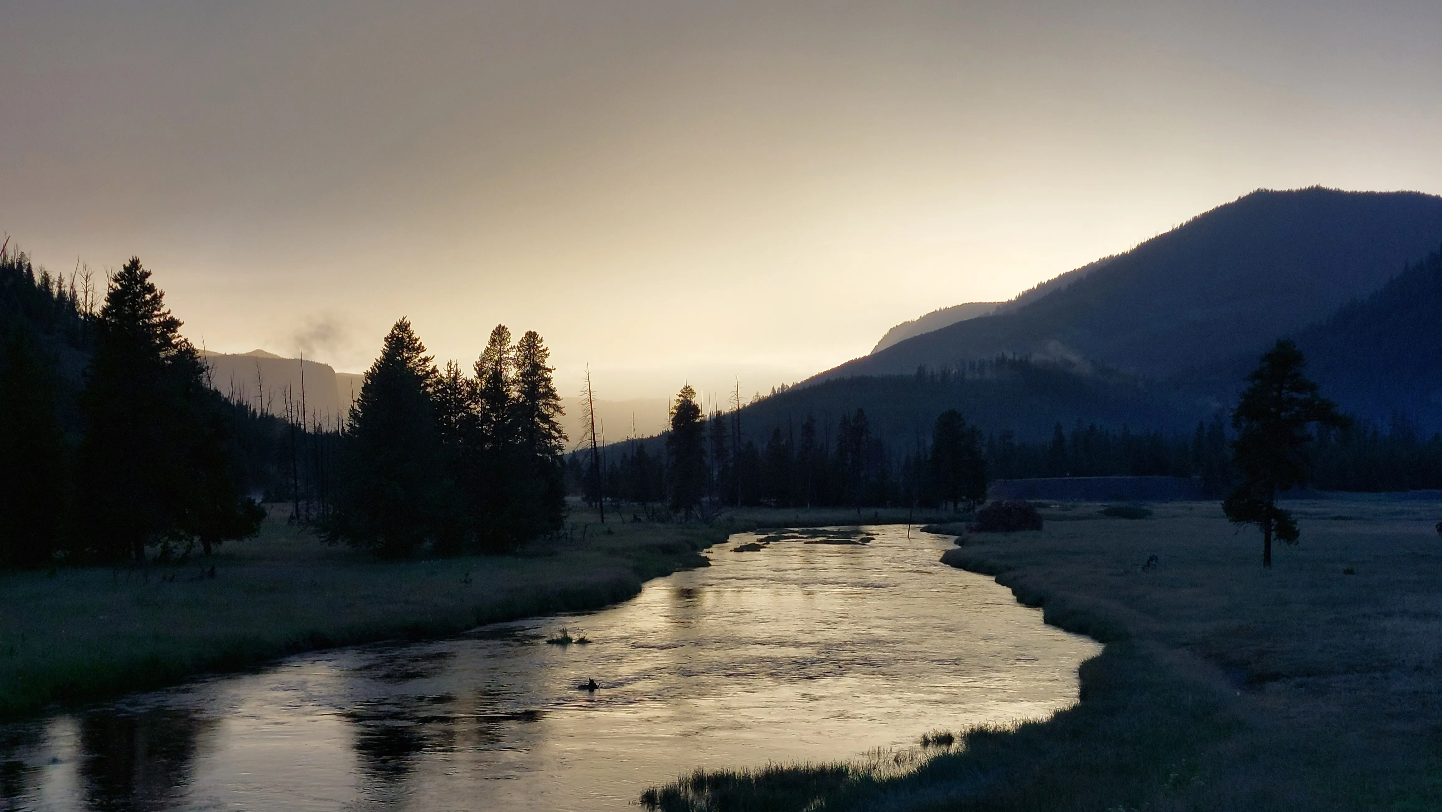 A river at dusk in Yellowstone National Park